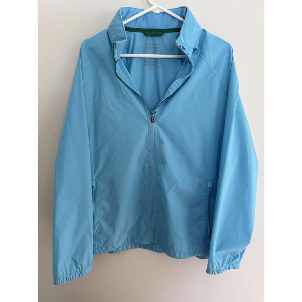 LL Bean Jacket Full Zip Aqua Blue Nylon Stowed Hood Mens Size XL